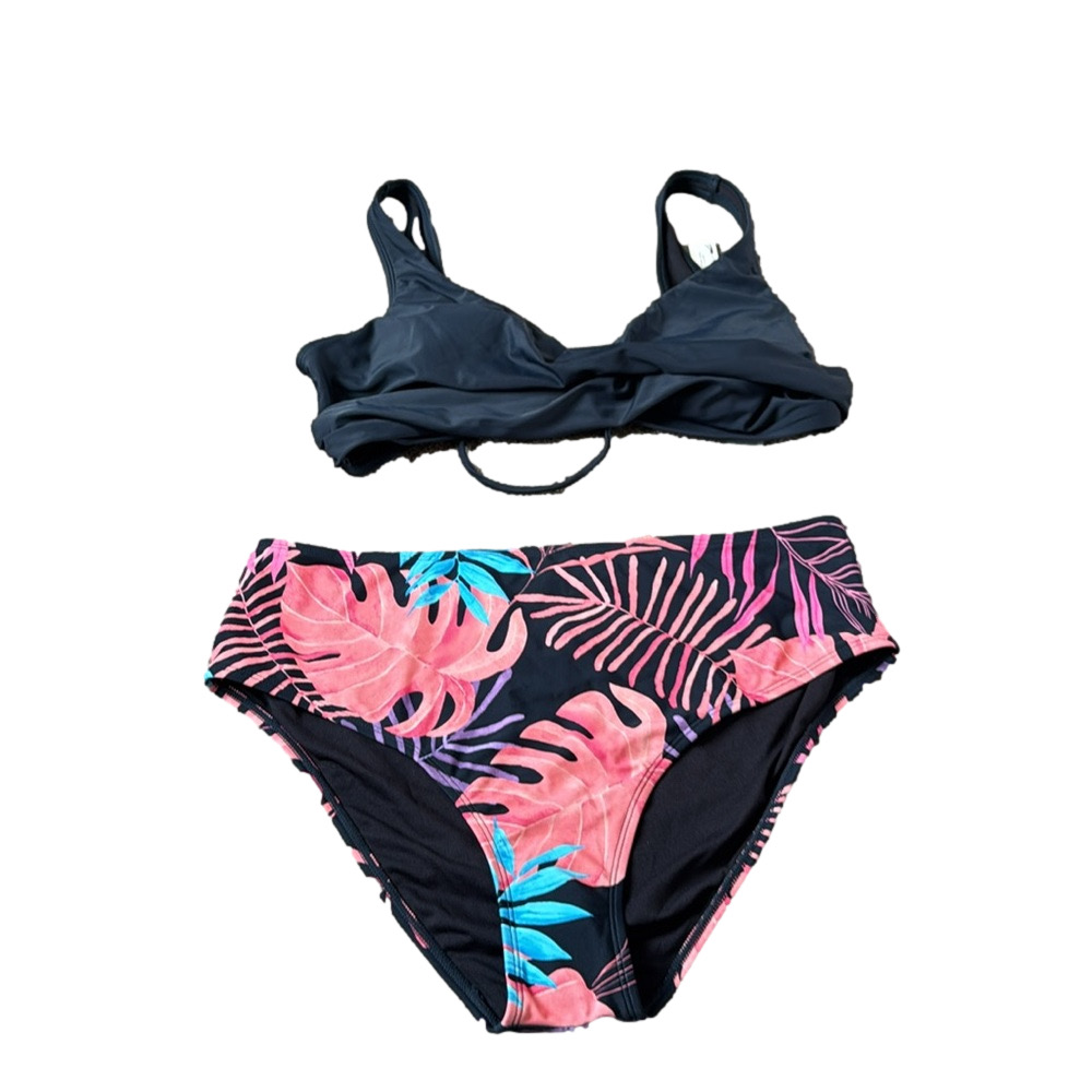 Cupshe Tropical Leaf Print Bikini Set Navy Pink High Waist Swim SIZE XL